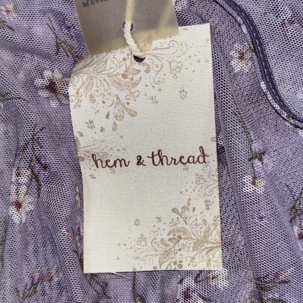 Anthropology Hem & Thread Sz L Ditsy Print Mesh Cabbage Long Sleeve Top Lavender - Picture 13 of 15